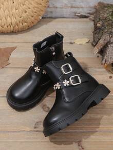 1 par de botas deportivas casuales de estilo europeo con cremallera lateral de piel sintética para niñas, adecuadas para todas las estaciones