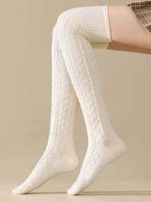 1 Pair Of Women's Knee-High Socks, Knitted Striped Warm Socks