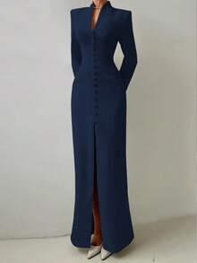 女士时尚V领长袖及踝长款连衣裙，优雅经典侧开衩，纯色，优雅休闲，梭织面料，春季款 - 藏蓝色 - 查看 6