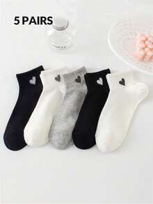 5 双女士心形图案短袜透气柔软踝袜、中筒袜、休闲袜、白袜、黑袜，适合日常休闲穿着，适合夏季和秋季，适合所有季节