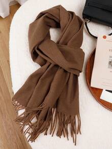 1pc 35*180cm High-Quality Elegant Solid Color Tassel Wool Scarf For Women, Casual Windproof Shawl For Autumn/Winter, Suitable For Daily Wear For Dress - Brown - View 4