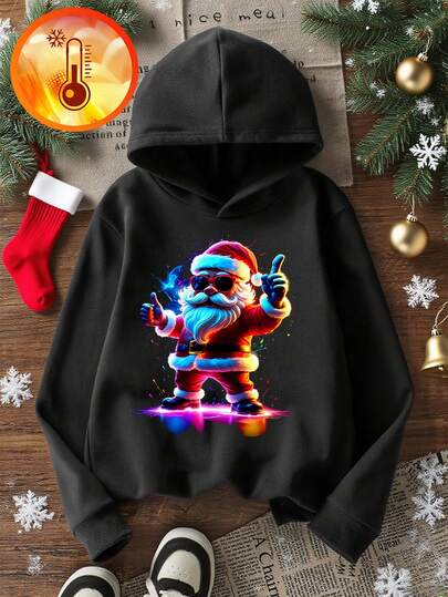 Tween Boy Fleece Lined Warm Christmas Santa Claus Print Hoodie Sweatshirt, Suitable For Kids In Autumn/Winter, Long Sleeve Top For Young Students, Street/Casual/Designed/Daily/Sports/Fashion/College/Holiday