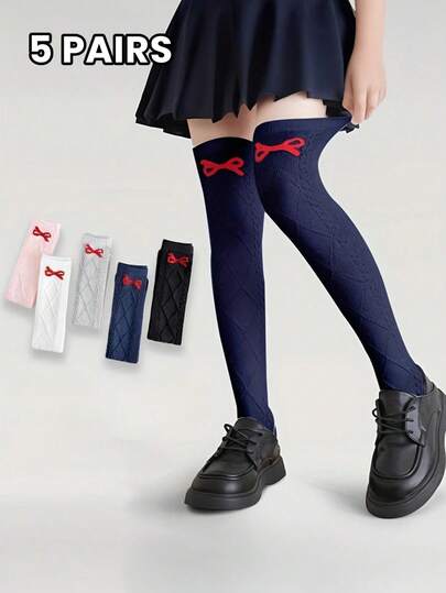 5 Pairs Kids Comfortable Skin-Friendly Cute Bow Over-The-Knee Socks