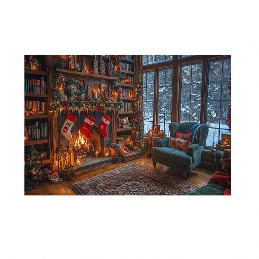 Horizontal Photographic Background For Photo Shoots Sublimated Fabric 3D Fireplace Garland Realistic Christmas Scene 2.20x1.50cm - FF-3258 - 查看 1