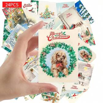 24pcs Vintage Christmas Postcards, Cute Animals And Families At Christmas, Retro Christmas Postcards Greeting Card, Collectible Decorative Art For Decorations, Scrapbooking Supplies