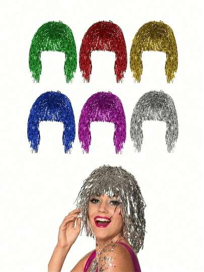 1 pieza Peluca de lámina metálica (Set de hermanas), Gorro de peluca de oropel de colores, Peluca de disfraz de discoteca, Peluca de fiesta brillante para disfraz de adultos, Accesorios de cosplay metálicos, Pelucas de oropel para disfraz, Sombrero brillante divertido, Accesorios para el cabello metálicos para fiestas, carnavales, suministros para fiestas, decoraciones del hogar, regalos de fiesta, suministros festivos, decoraciones navideñas
