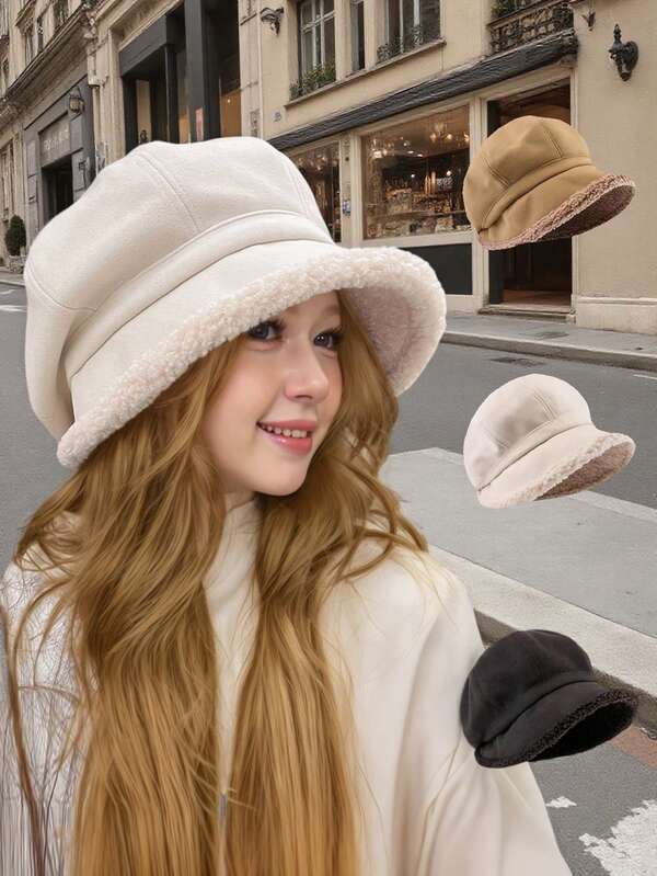 1 Stück Wintermütze Damen Fischerhut, weicher Ohrenschutz, locker sitzende Becherform, lässig-modisch, eleganter Lamm-Woll-Barett, achteckig, für Outdoor-Aktivitäten, Radfahren, mit Samt, wärmend, wind- und kältebeständig, Wintermütze für Damen