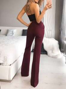 优雅高腰酒红色喇叭裤，通勤百搭 - 酒紅色 - 查看 5