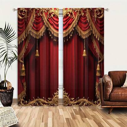 2pcs Red Theater Curtains, 2D Flat Printing Christmas Decor Retro Theater Film Movie Show Stage Celebrity Party Burgundy Red Carpet Elegant Window Drapery Treatments For Bedroom Living Room Kitchen