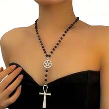 1pc Ascension Day Black Beaded Cross Star Hollow Necklace, Multicolor Resin Metal Material Gothic Style Beaded Chain, Lightweight Fashionable Accessory Suitable For Women, Men, Party, Daily Wear, School, Travel