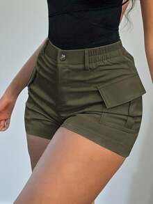 1Pcs  Green Cargo Shorts, Casual Hot Pants, Cool And Chic Cargo Style, High - Waisted And Slim - Fitting, For Daily Streetwear And Casual Shopping, Spring And Summer Women's Cargo Shorts - 軍綠色 - 查看 3