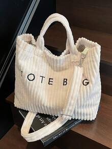 复古欧洲时尚灯芯绒材质字母印花女士优雅单肩托特包 - 白色 - 查看 3