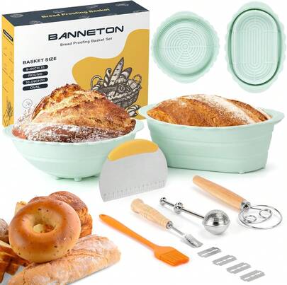 Neddie Upgraded Silicone Banneton Bread Proofing Basket, Sourdough Bread Baking Supplies Set Of 2,9 Inch Round &Amp; 10 Inch Oval Foldable Sourdough Baking Baskets, Sourdough Starter Kit(Green)