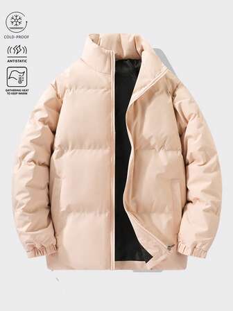 1pc Women's Casual Solid Color Outdoor Stand Collar Padded Coat,Fleece