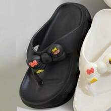 Chanclas casuales de verano para mujeres, diseño de dibujos animados con moño, suela gruesa antideslizante, cómodas sandalias tipo nube, ideales para vacaciones en la playa, zapatillas para el hogar y el dormitorio, calzado para damas en tallas grandes, m - Negro - Ver 1