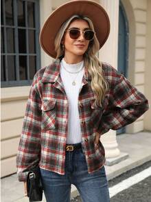 Autumn And Winter Women's Long Sleeved Loose Pocket Plaid Jacket