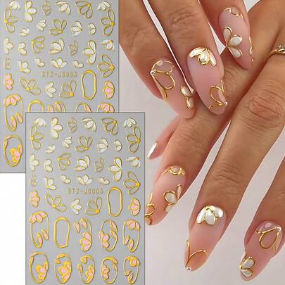 2 piezas Pegatinas de uñas con flores de orquídea, camelia y cerezo en estilo de boda con efecto metálico, decoración de uñas autoadhesiva para primavera y verano