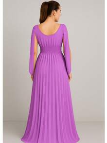 Long Pleated Dress V-Neckline Bridesmaid Dress For Wedding Graduation And Parties - 紫丁香色 - 查看 3