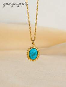 1 件复古棕色宝石不锈钢吊坠项链，椭圆形太阳心形镀金水钻颈链，适合女性日常和节日佩戴或珠宝礼物 - 金色+寶藍色 - 查看 14