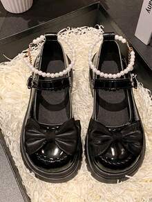 1 Pair Lolita Style Shoes With Bow Decor On Toe & Pearl Chain On Shoe Loop, Sweet & Cute French Mary Jane Small Leather Shoes, Versatile For Teenagers & Students - Black - View 5