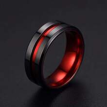 1pc Men's Stainless Steel Ring With Red Carbon Inlay - Black & Red Contrast Design, Sleek Minimalist Business Style Jewelry For Formal & Casual Wear, Durable Modern Men's Fashion Accessory Gift, Contemporary Design, Polished Finish, Stylish Men - 紅色 - 查看 1