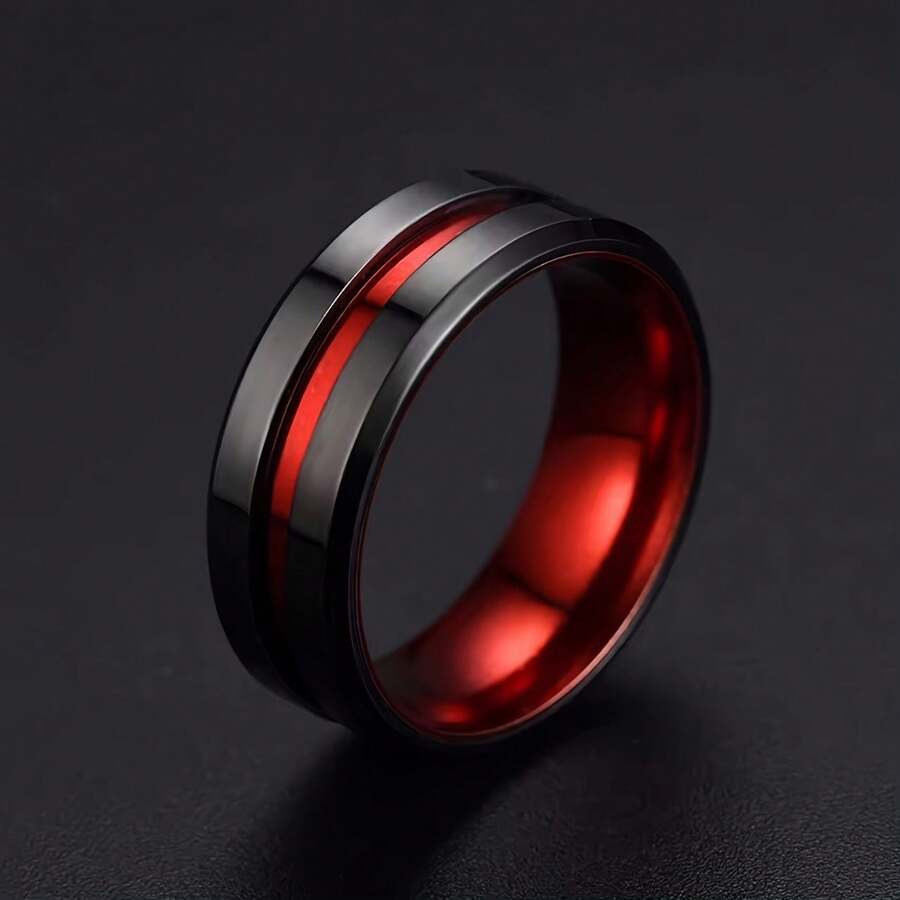 1pc Men's Stainless Steel Ring With Red Carbon Inlay - Black & Red Contrast Design, Sleek Minimalist Business Style Jewelry For Formal & Casual Wear, Durable Modern Men's Fashion Accessory Gift, Contemporary Design, Polished Finish, Stylish Men - 紅色 - 查看 1