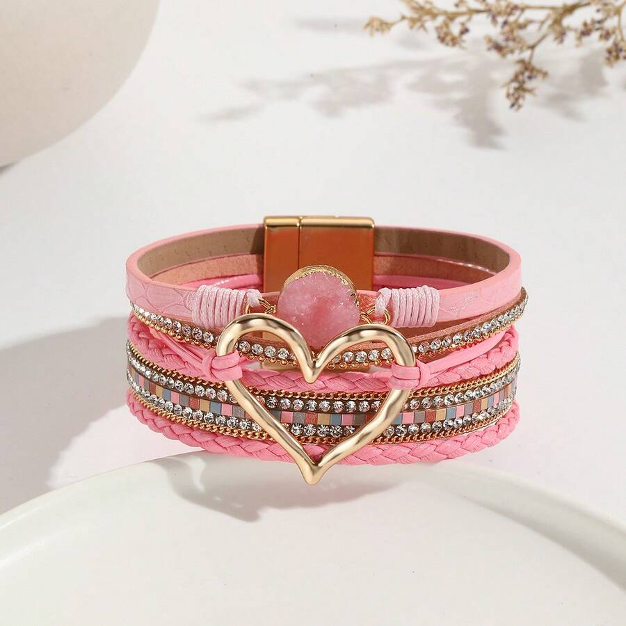 Leather Rope Bracelet Bohemian Multi-Layer Bracelet Raw Stone Heart Bracelet Women's Wrapped Leather Bracelet - 粉紅色愛心 - 查看 1