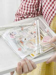 1 Stück transparente PVC-umhüllte Kabel-Aufbewahrungstasche, Stifteetui mit großer Kapazität, Dokumententasche, Kosmetikorganizer, minimalistischer klarer Aufbewahrungsbeutel, süße Cartoon-Stifttasche für Studenten