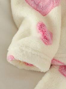 两件套女童毛绒睡衣套装，可爱毛茸茸心形图案圆领长袖上衣和长裤，休闲家居服，秋冬 - 粉色 - 查看 3