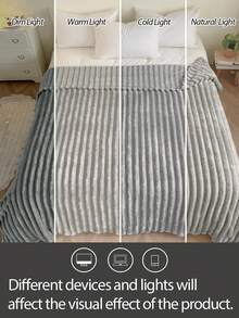 1pc Luxury Reversible Faux Fur Blanket - Cozy Striped Flannel, Soft & Warm, Suitable For Napping, Office, Camping, Sofa - Multipurpose Polyester Bedspread, Perfect Christmas Gift, Compressed Packaging, Light And Elegant, With A Cloud-Like Touch To The Skin - Light Grey - View 6