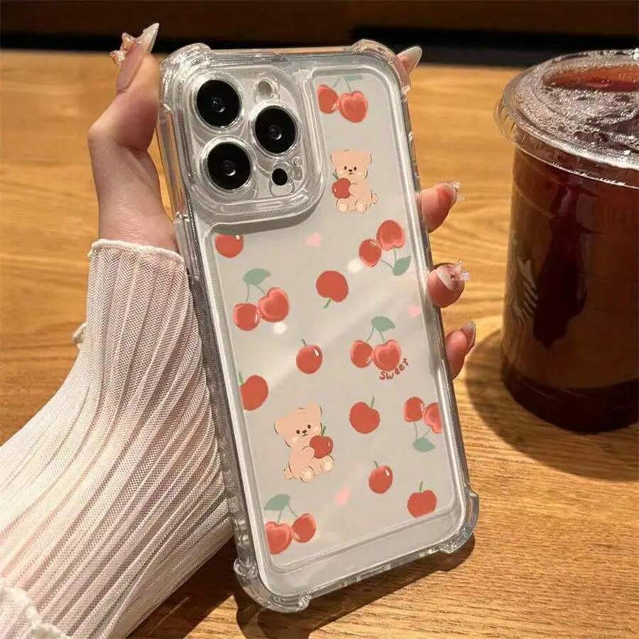 Funda protectora anticaídas con diseño de cereza para phone. Resistente a caídas y con buen agarre. Compatible con las series 16, 15, 14, 13, 12, 11 y X. - transparente - Ver 1
