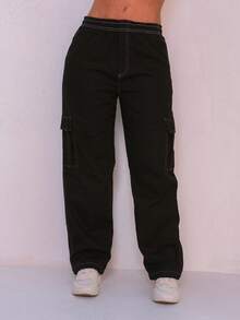WOMEN'S SKATEBOARD WIDE TWILL CARGO JOGGER PANTS, CASUAL, 5 POCKETS, DRAWSTRING CLOSURE, UNISEX FASHION - 白線 - 查看 5