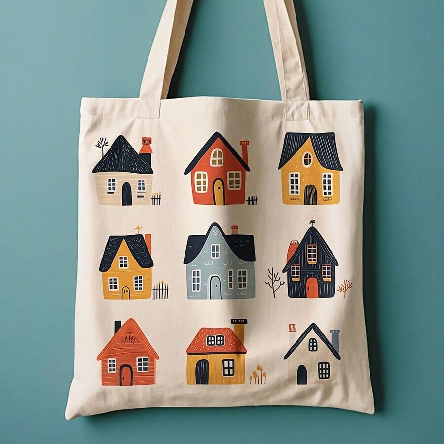 1pc Cartoon House Illustration Canvas Tote Bag - 13.8x15.8 Reusable Grocery Bag, Durable Polyester Canvas With Leak-Proof Design, Colorful Whimsical Houses Pattern Daily Commute, School, Shopping - House Lovers (Mother's Day, Graduation, Easter), Everyday Carryall, Sturdy Construction, Students And Commuters