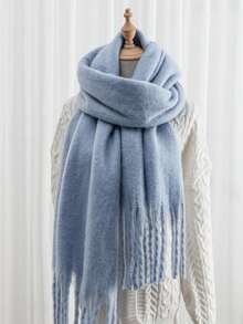 1pc Solid Color Scarf, Warm Neck Accessory For Winter, Thick Knitted Wool Tassel Shawl, Suitable To Pair With Dresses - Baby Blue - View 4
