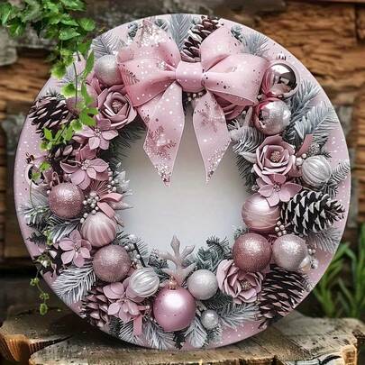 20.32厘米户外防水圣诞花环，木质墙面装饰，饰有粉色蝴蝶结、松果、玫瑰和彩球，悬挂式，无需用电，不含羽毛，适合家庭和办公室使用。