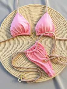 2 件套女士性感纯色心形系带吊带分体比基尼泳衣，夏季 - 粉色 - 查看 1
