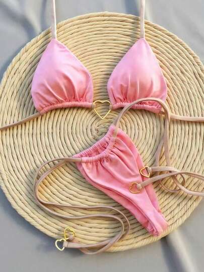 2 件套女士性感纯色心形系带吊带分体比基尼泳衣，夏季