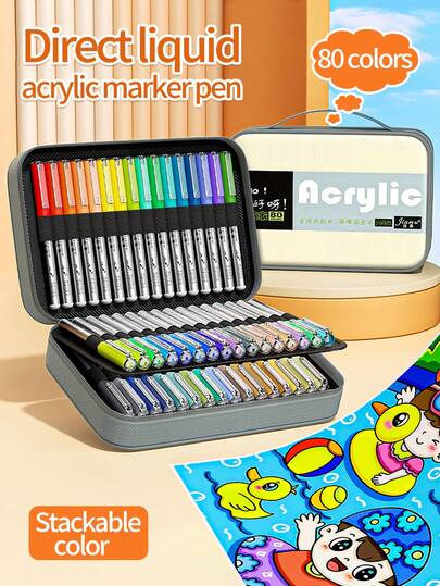 1pc Handbag Gift Box Set With Soft Tip Acrylic Marker Pens, 24/36/48/60/80 Colors Watercolor Paints, Suitable For Children, Students, Art Supplies