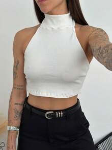 High-Quality Ribbed High-Neck Top With Halter Neckline - 白色 - 查看 1