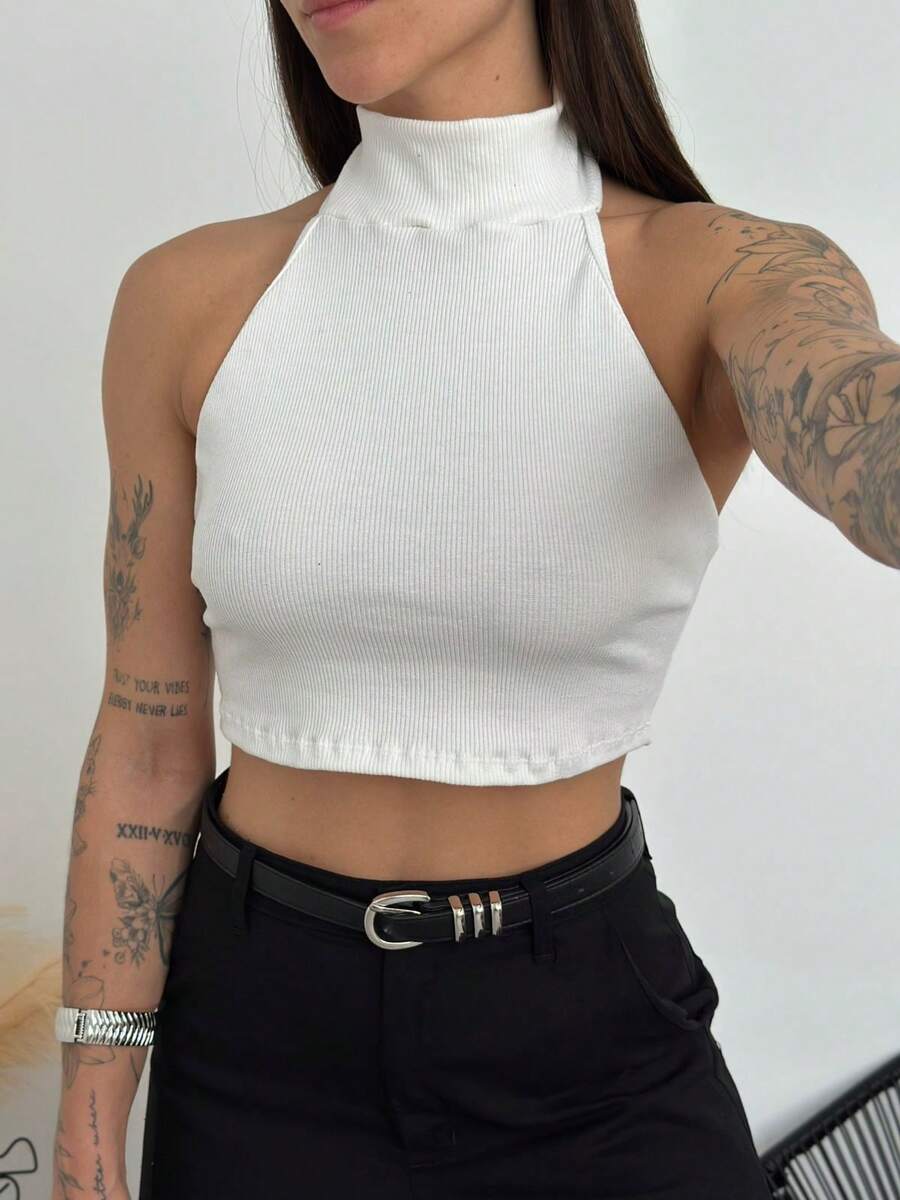 High-Quality Ribbed High-Neck Top With Halter Neckline - 白色 - 查看 1