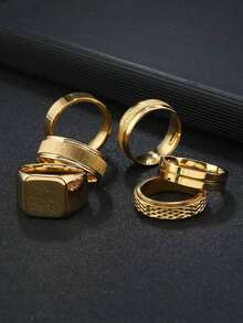 6pcs Stainless Steel Rhombus Decor Gold Color Men's Ring Set, Suitable For Daily Wear, Jewelry Gift MRZY - 多色的 - 查看 5