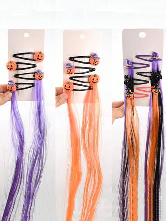 4pcs/6pcs Halloween Cartoon Hair Clips, Black Spider,Magic Hat, Pumpkin Hair Clips Halloween Hair Accessories With Colored Fake Hair Extensions For Women Cosplay Costume Accessories,A Good Gift For Friends
