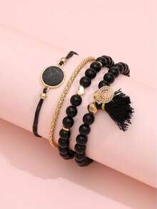4pcs Simple & Fashionable Turquoise Beaded Tassel Bracelet Set