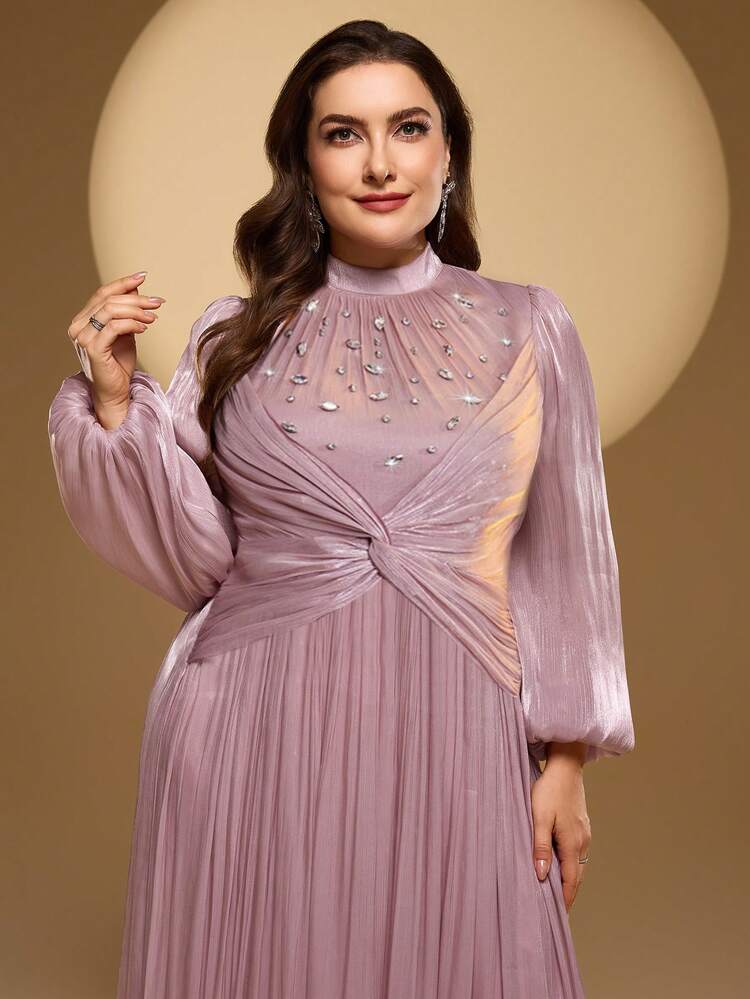 فستان طويل أنيق للمرأة ذات الحجم الكبير، ذو ياقة عالية وخصر مثني ومزين بخرز، أكمام فانوس ملونة، ناعم ومريح، مناسب لمناسبات متعددة: المهرجانات والمواعيد والتجمعات والحفلات اليومية والزفاف والربيع - وردي مغبر - مشاهدة 6