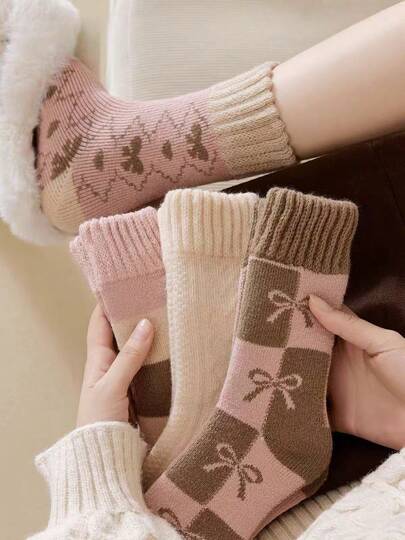 4双装女士加厚保暖中筒袜，冬季保暖绒袜，多种颜色可选