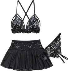 Skirt With G-String Floral Lace Sheer Bralette Lingerie Set 3 Piece Otufits - Đen Đỏ - Xem 5
