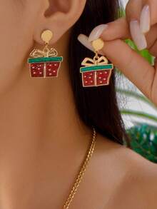 1 par de aretes navideños, caja de regalo navideña, aretes para uso diario y fiestas navideñas para mujeres (empaque en bolsa OPP)