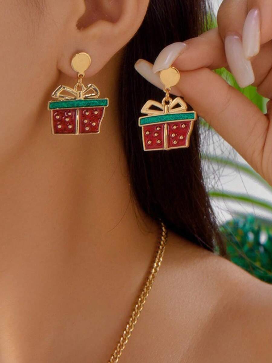 1 par de aretes navideños, caja de regalo navideña, aretes para uso diario y fiestas navideñas para mujeres (empaque en bolsa OPP)