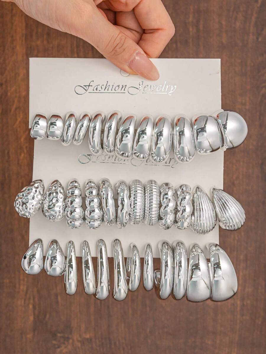 12-36pcs/Set Fashionable Silver Teardrop & C-Shaped Textured Earrings, Classic Styles For Women, Suitable For Year-Round Wear