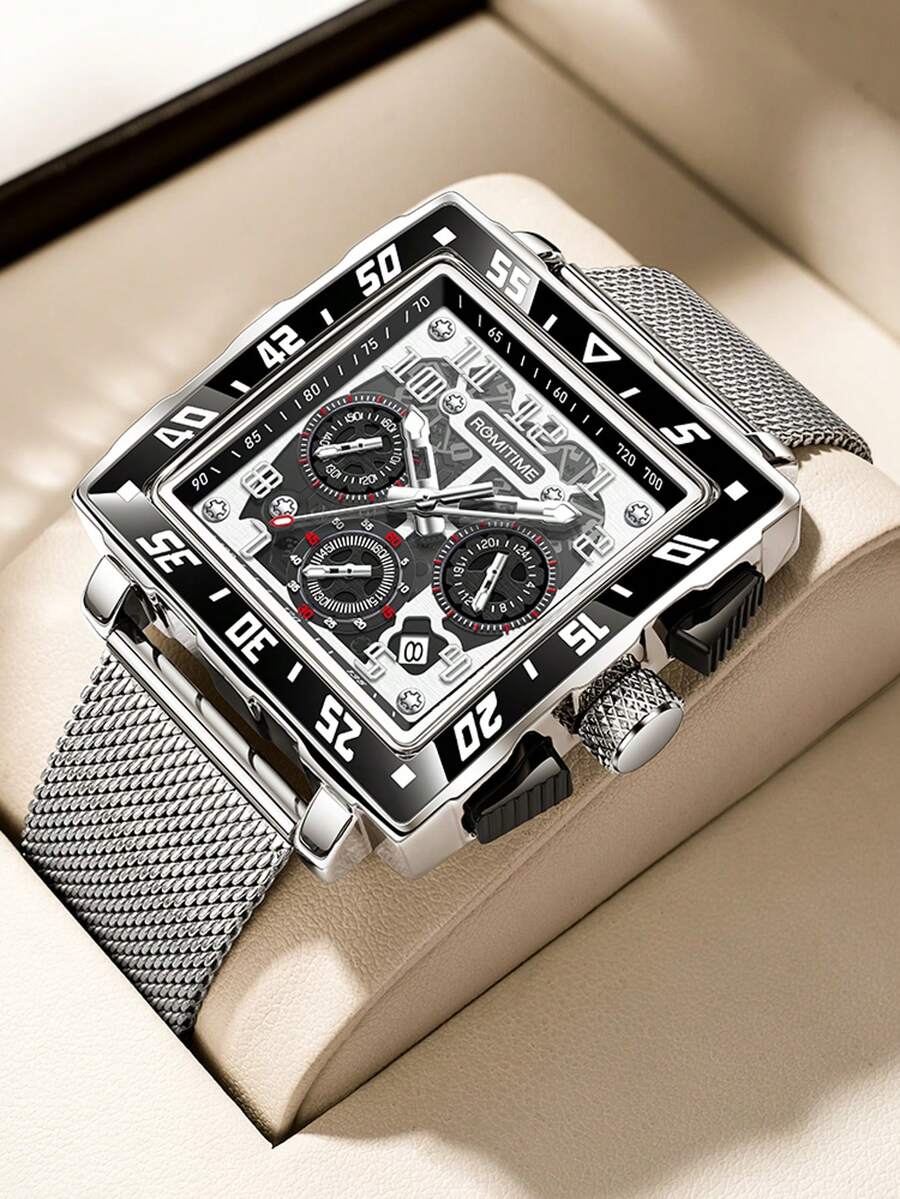 GUANQIN 1 buc ceas luminos impermeabil pentru bărbați, cu calendar cronograf, cadran pătrat multifuncțional, curea din oțel inoxidabil rezistentă la uzură, curea din plasă Milan, modă business, lux sportiv, clasic, simplu, casual, stil mecanic, ceas cu cuarț automat pentru bărbați, potrivit pentru Ziua Îndrăgostiților, festivaluri, întâlniri, afaceri, cadouri